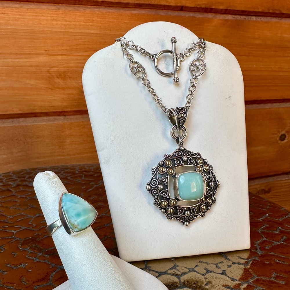 Healing Blue Larimar Gemstone Ring and Medallion Necklace Set in Sterling Silver